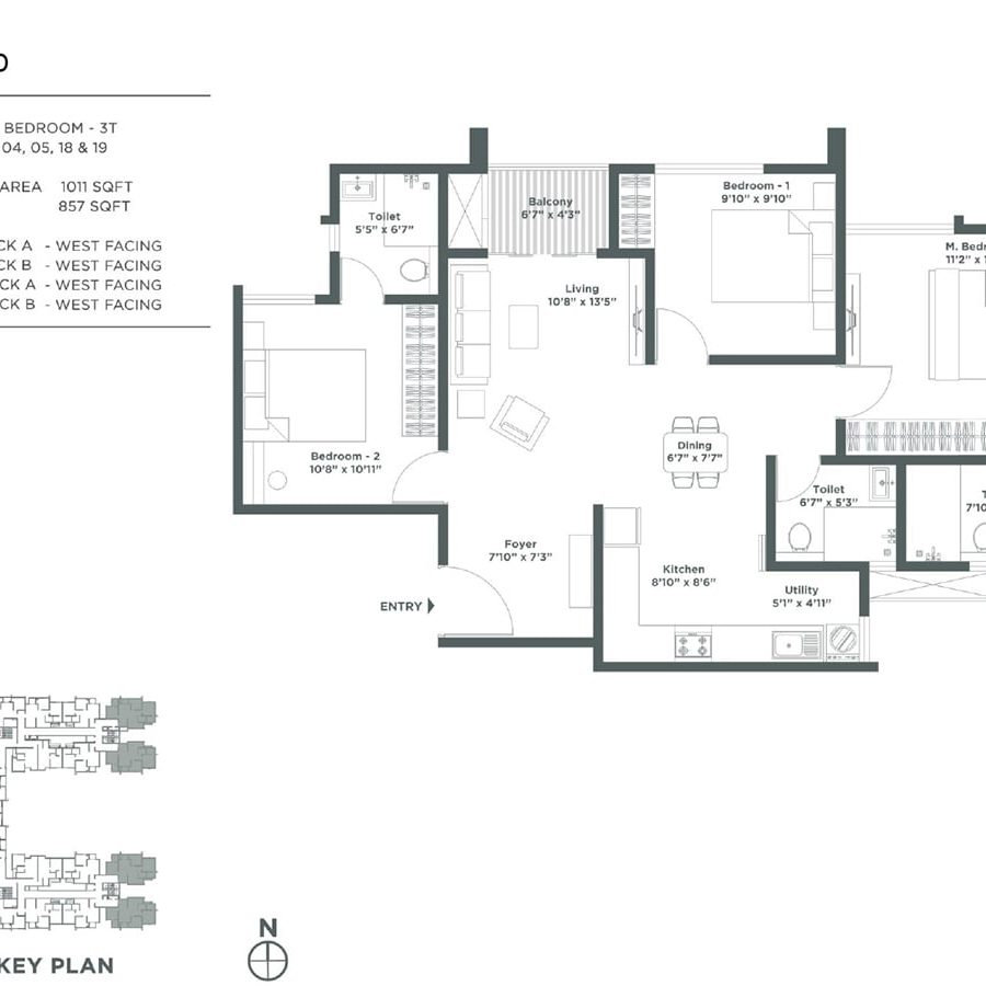 Embassy Verde Apartment in Devanhalli North Bangalore Floor Plan Marigold West Facing 3 Bhk 1011sq.ft- 857sq.ft